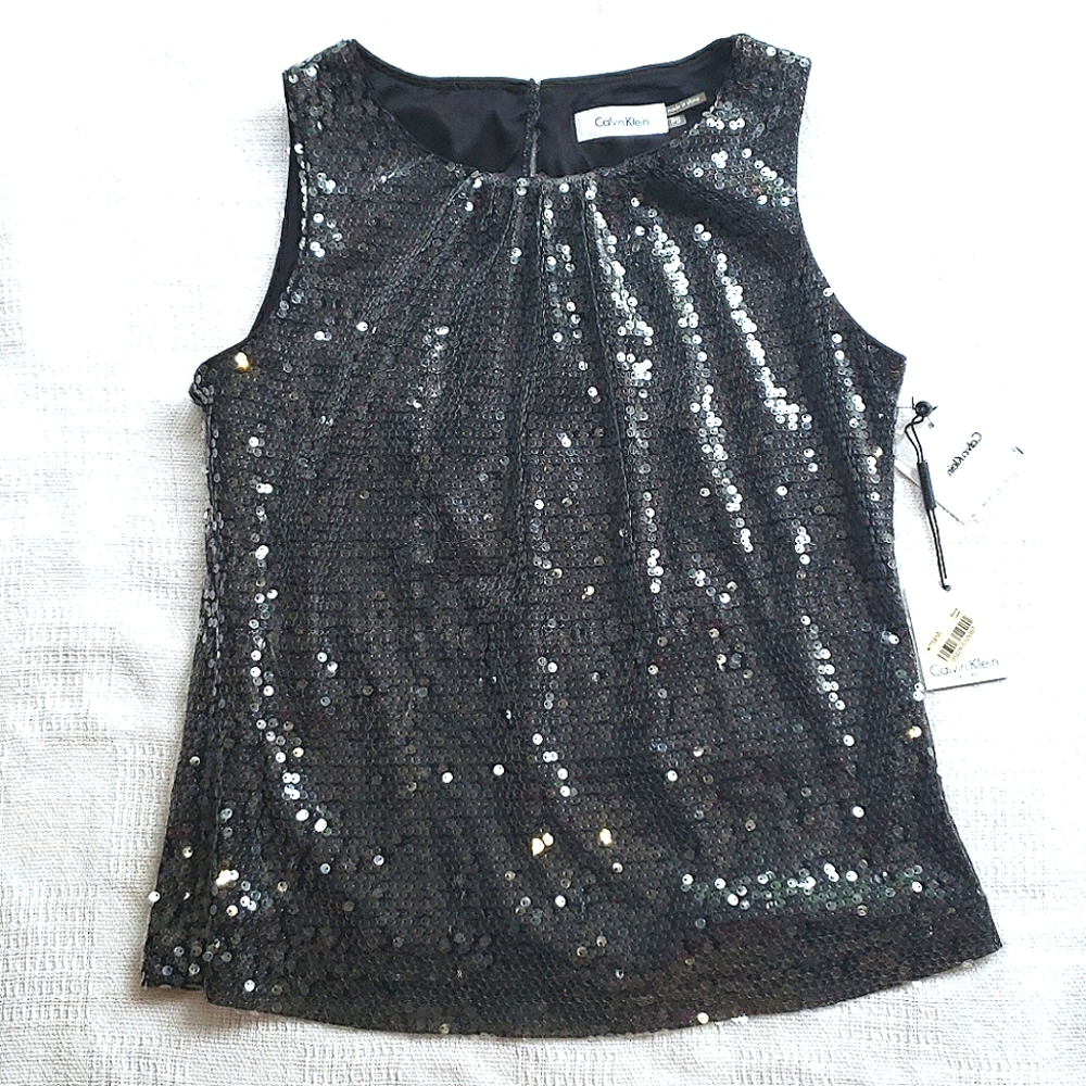 Calvin Klein Siquins graphite gray shiny top PS